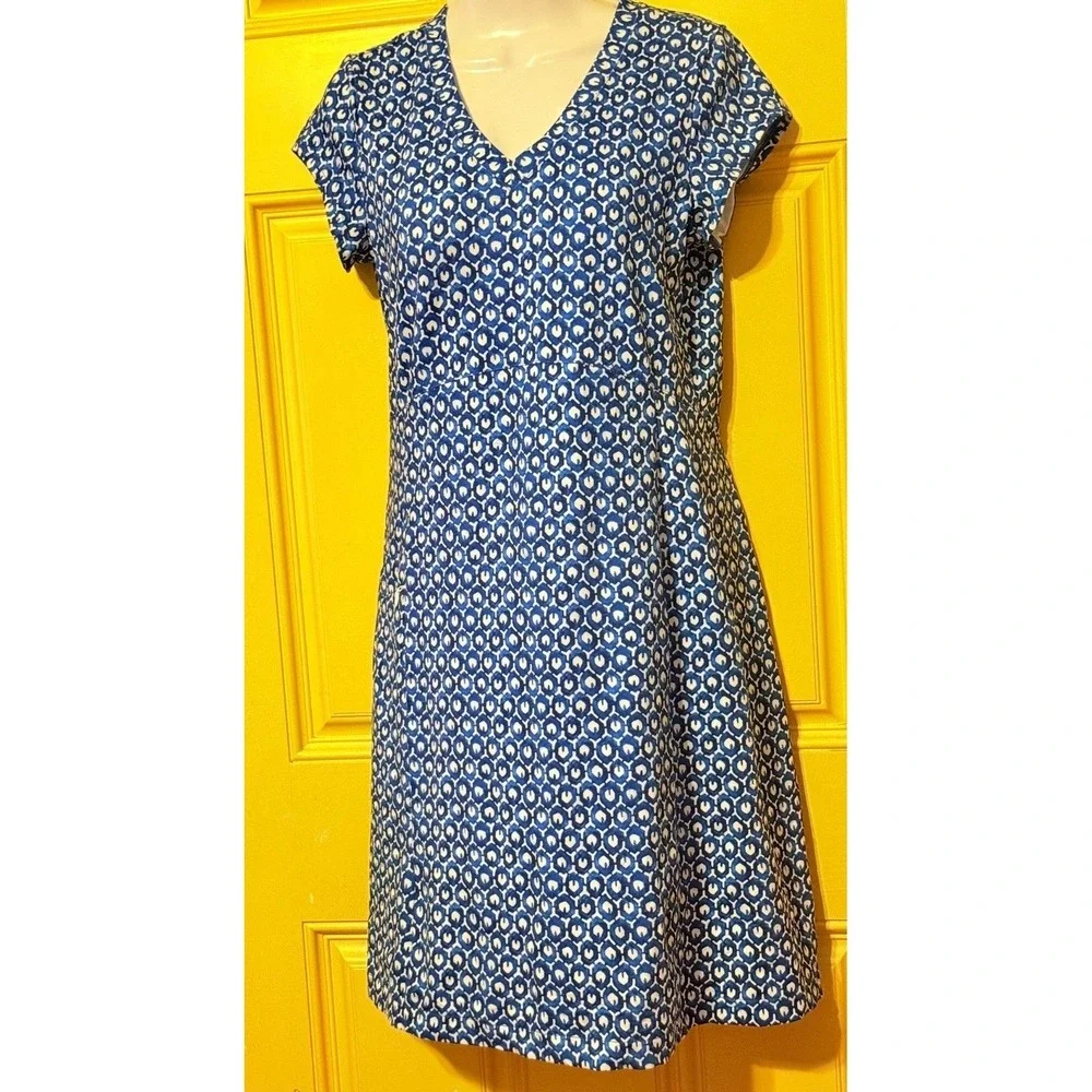 L. L. Bean Blue Geometric Shift Dress Hamptons Coastal Cotton Blend Size Small